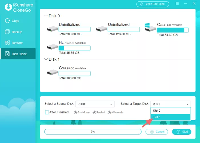 choose target disk when cloning