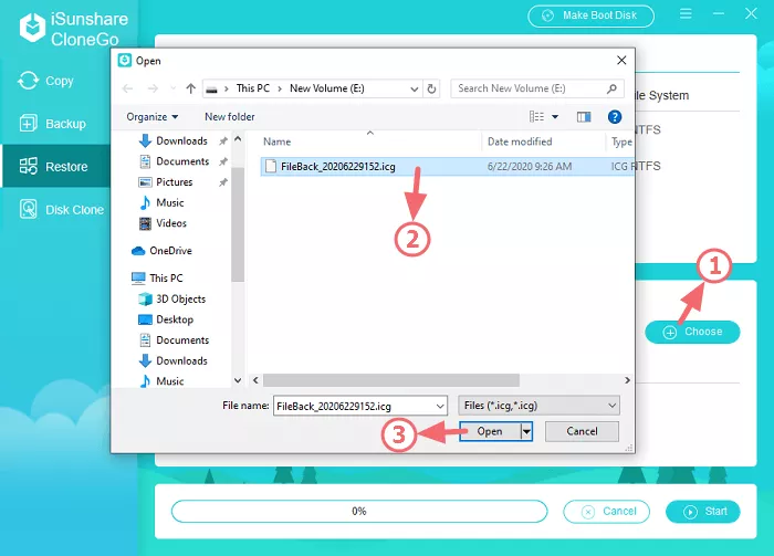 choose the icg file to restore