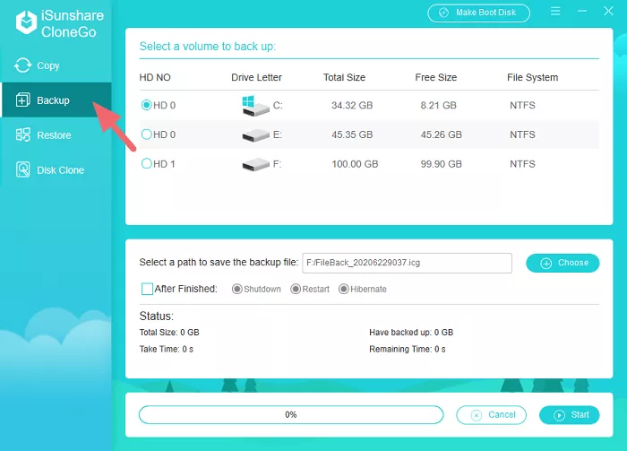 click backup option in CloneGo