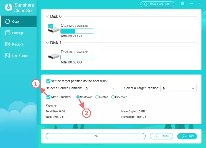 set after finished option when copy system